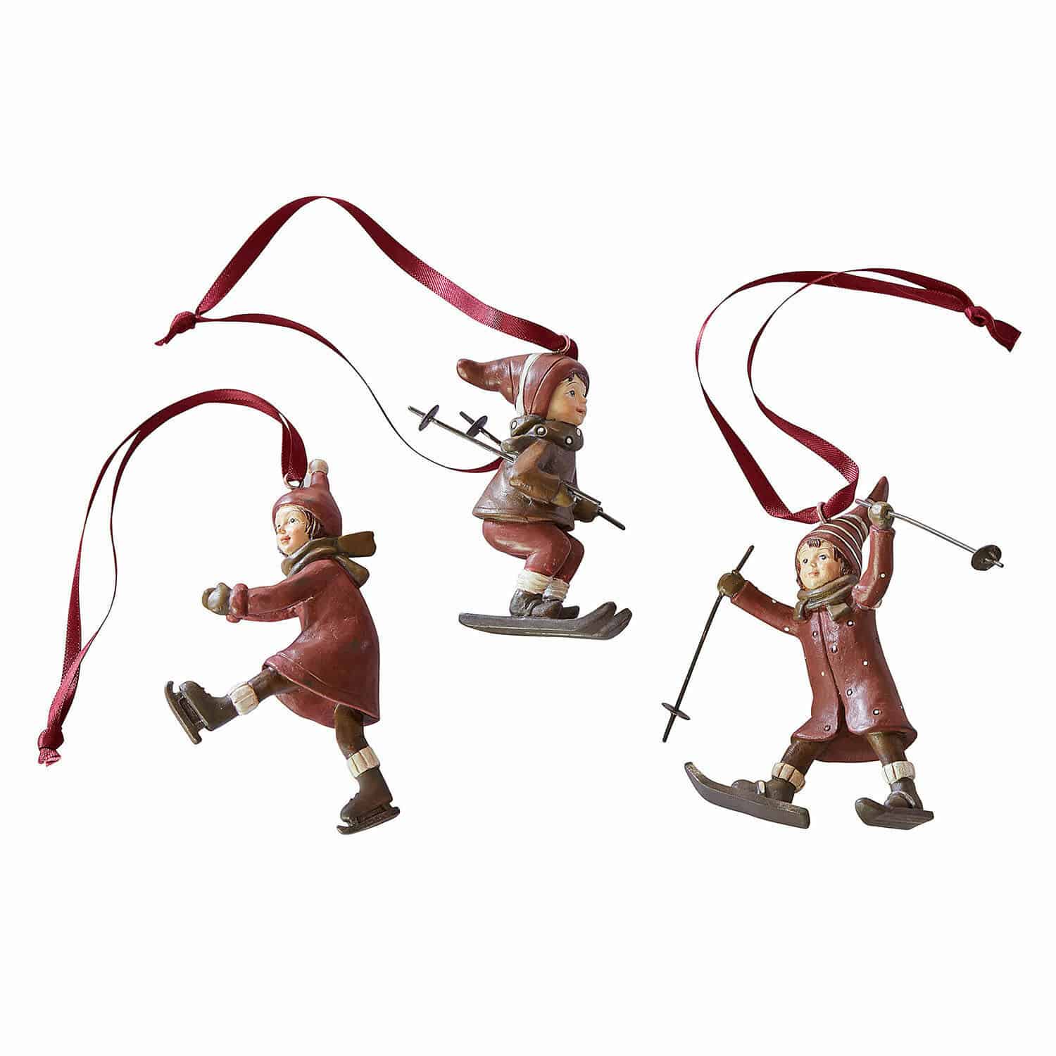 Hanger set van 3 Bibury Set van drie rode kerstversieringen met kinderen op ski's en schaatsen voor feestelijke decoratie