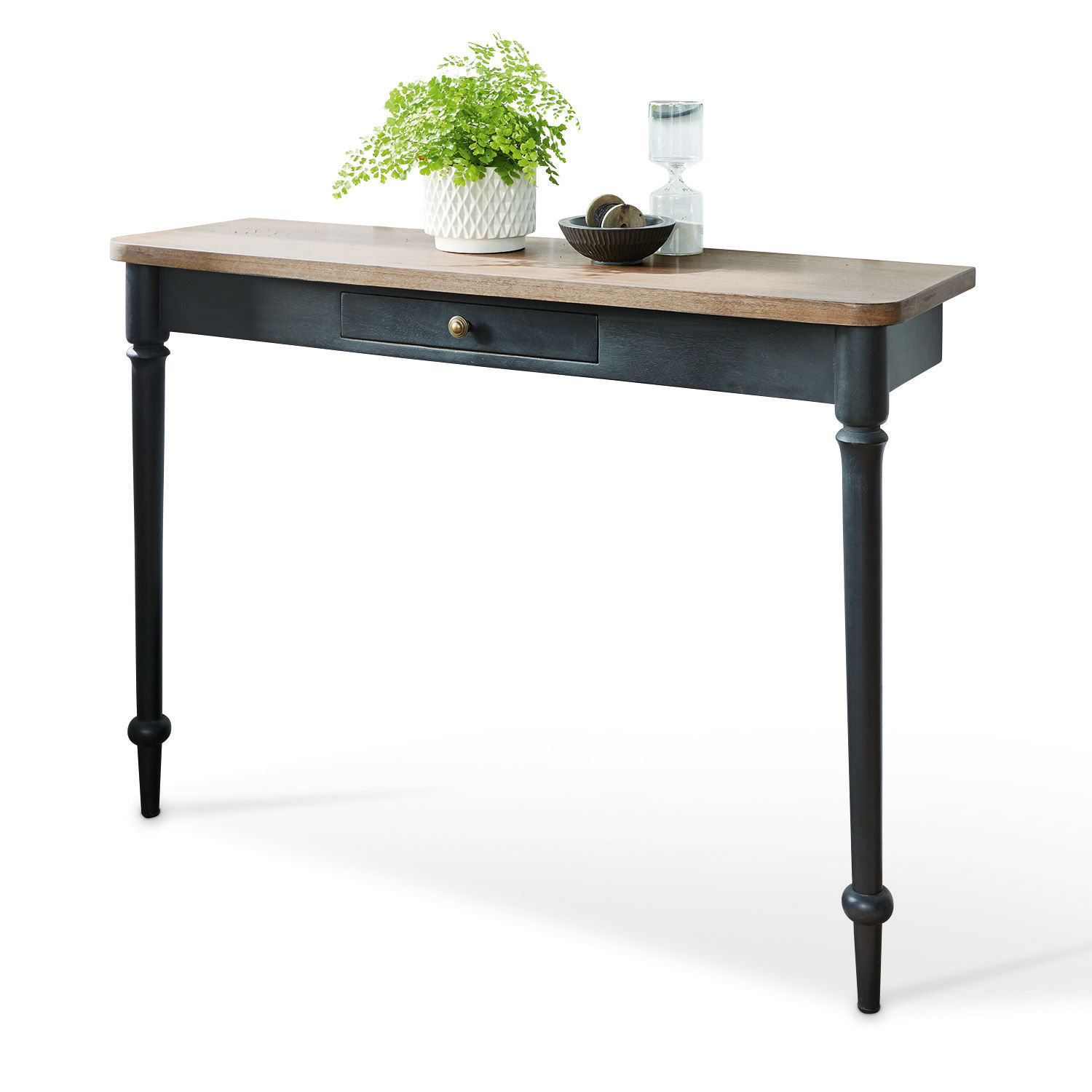 Sidetable Jarobrod Zwarte houten console met licht blad en lade, vintage stijl voor woonkamer