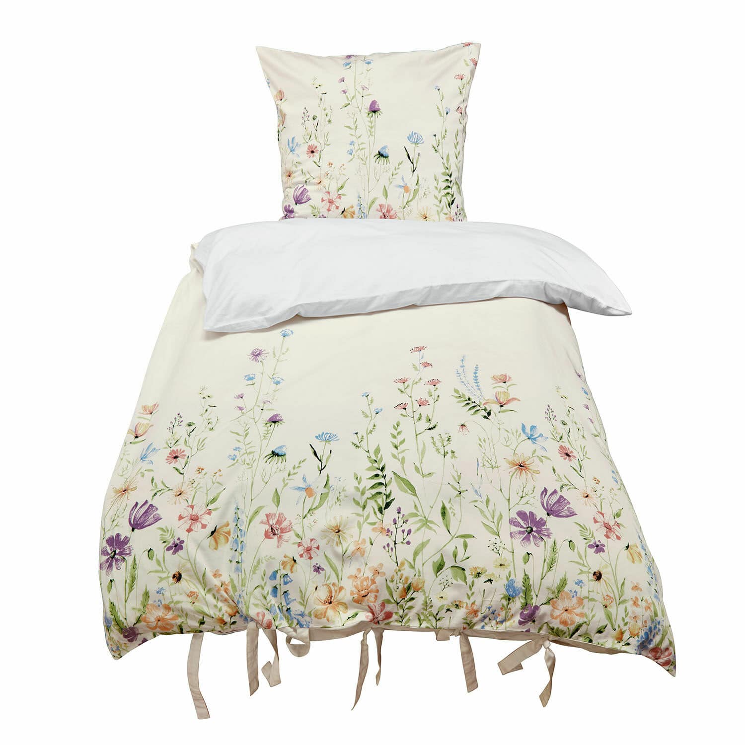 Beddengoed Quervaux Katoenen beddengoed in crèmekleur met kleurrijke bloemenprint en strikjes onderaan