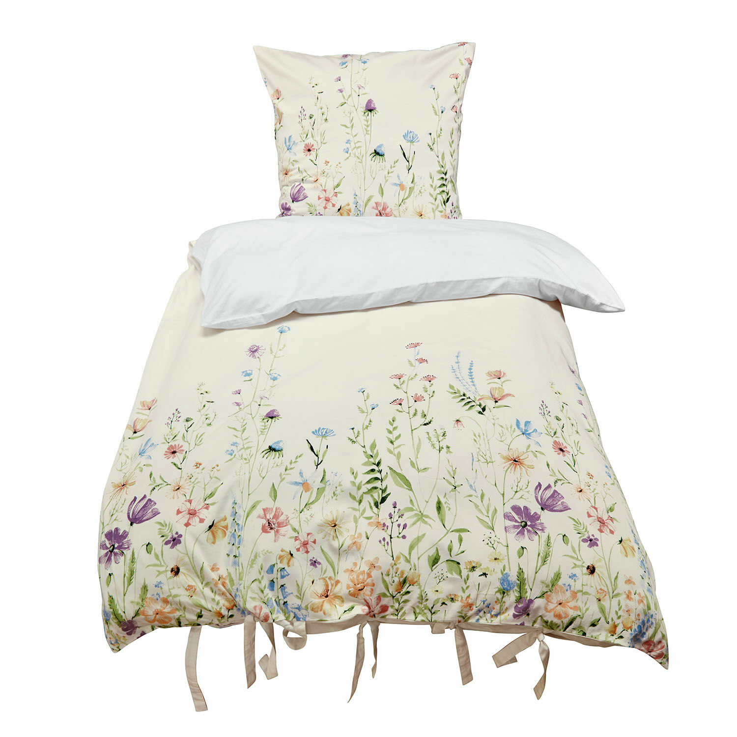 Beddengoed Quervaux Katoenen beddengoed in crèmekleur met kleurrijke bloemenprint en strikjes onderaan