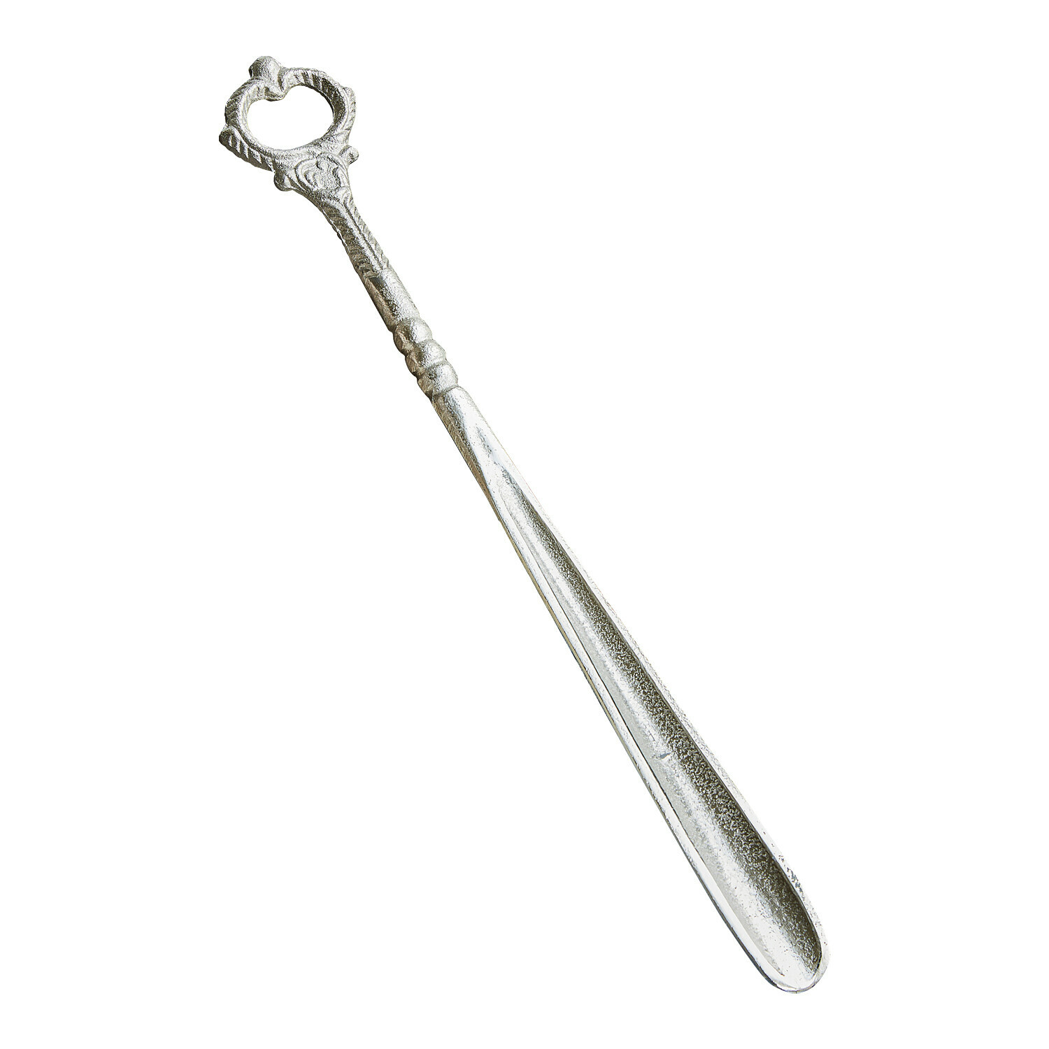 antiekzilverkleurig Antiek zilverkleurige metalen schoenlepel Lucas met decoratieve handgreep, praktisch huishoudaccessoire