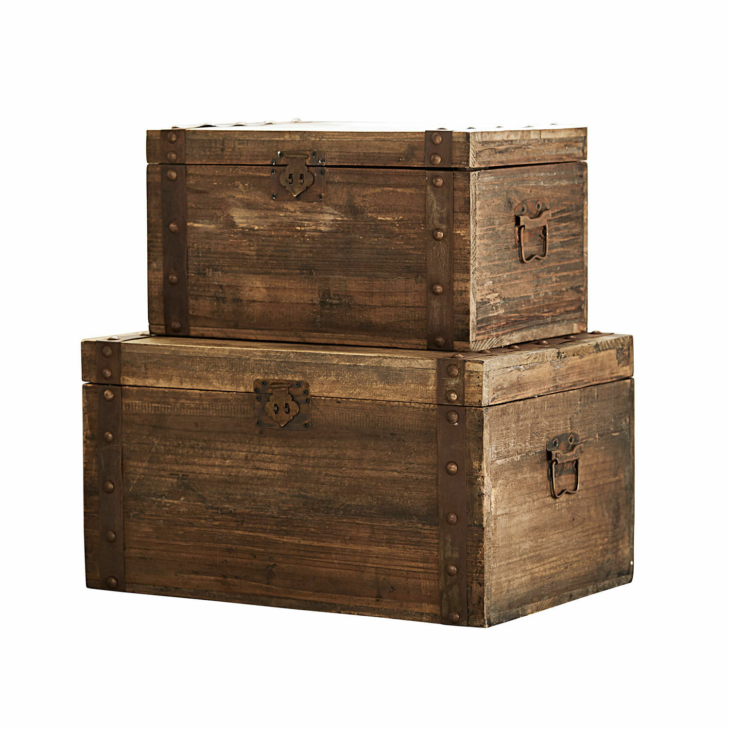 Kist set van 2 Pratt Bruine houten kisten met metalen vintage beslag, geschikt voor opslag en decoratie