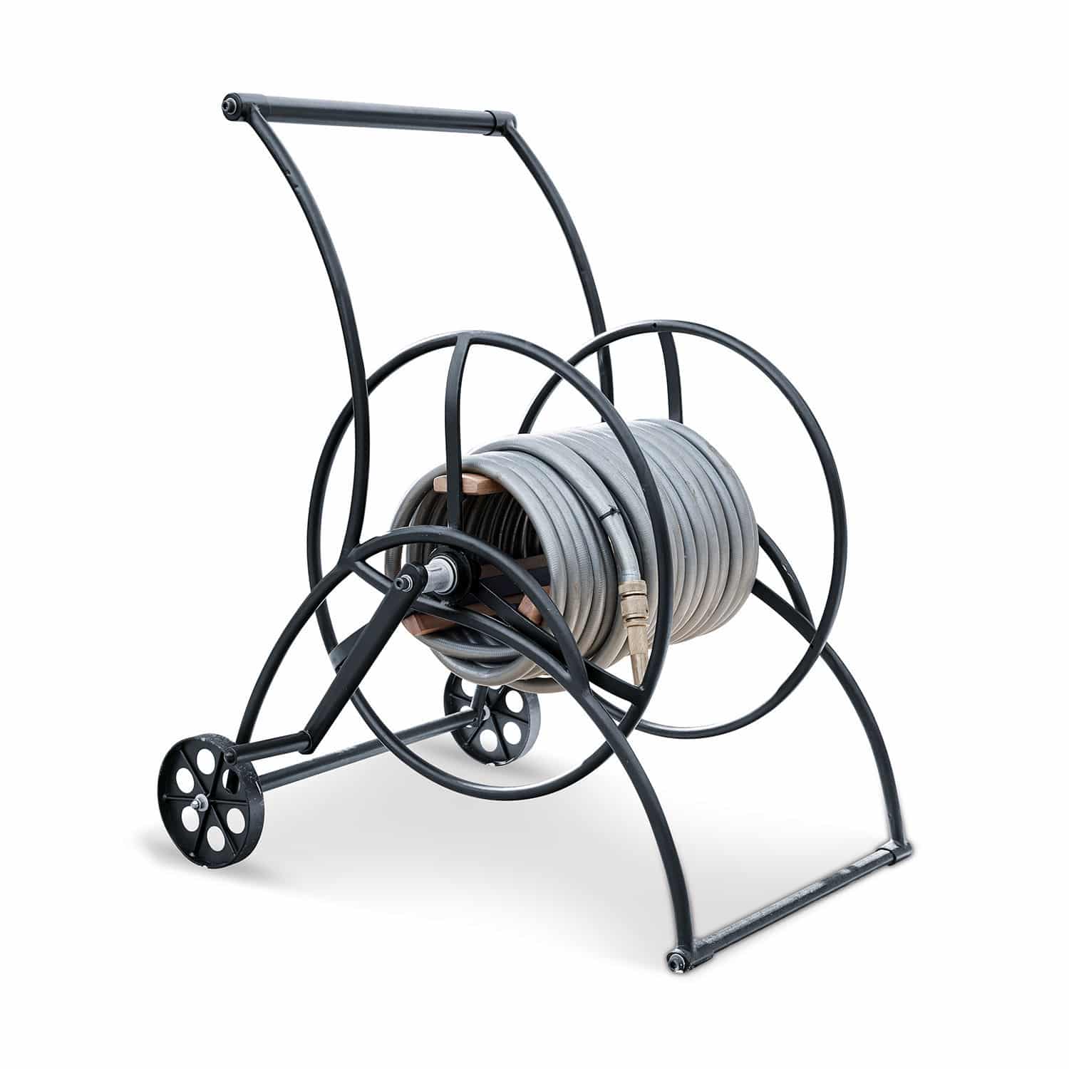 Haspelkar Middleby Zwarte metalen tuinslangwagen met grijze slang voor eenvoudig tuinieren