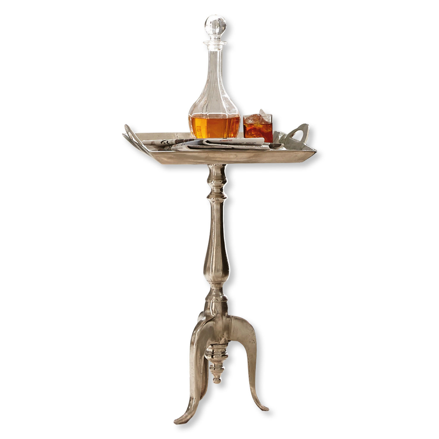 Bijzettafel Melvin Zilverkleurige metalen bijzettafel met verhoogd dienblad, versierd met karaf en glas