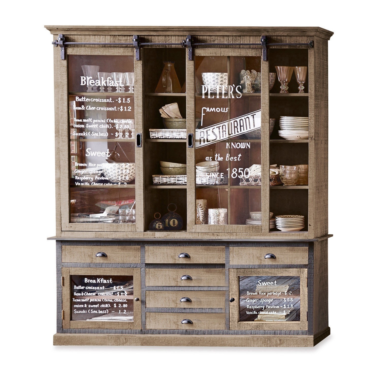 Kast Peter´s Grote houten vitrinekast met schuifglazen deuren en planken voor servies in vintage stijl