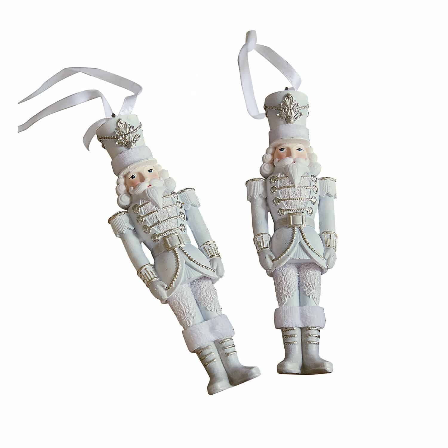 Hanger set van 2 Moriette Witte notenkrakerdecoraties met lint om op te hangen, vintage kerstversiering met details