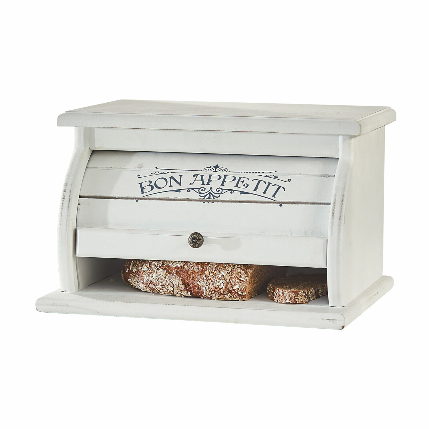 Broodtrommel Bon Appetit Witte houten broodtrommel met tekst Bon Appetit en ruimte voor brood, rustieke stijl