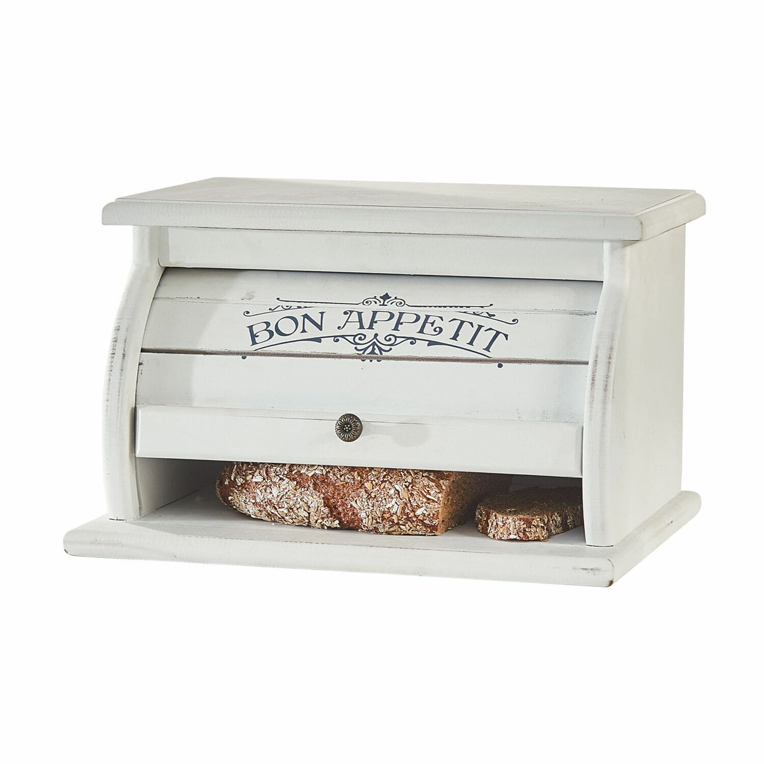 Broodtrommel Bon Appetit Witte houten broodtrommel met tekst Bon Appetit en ruimte voor brood, rustieke stijl