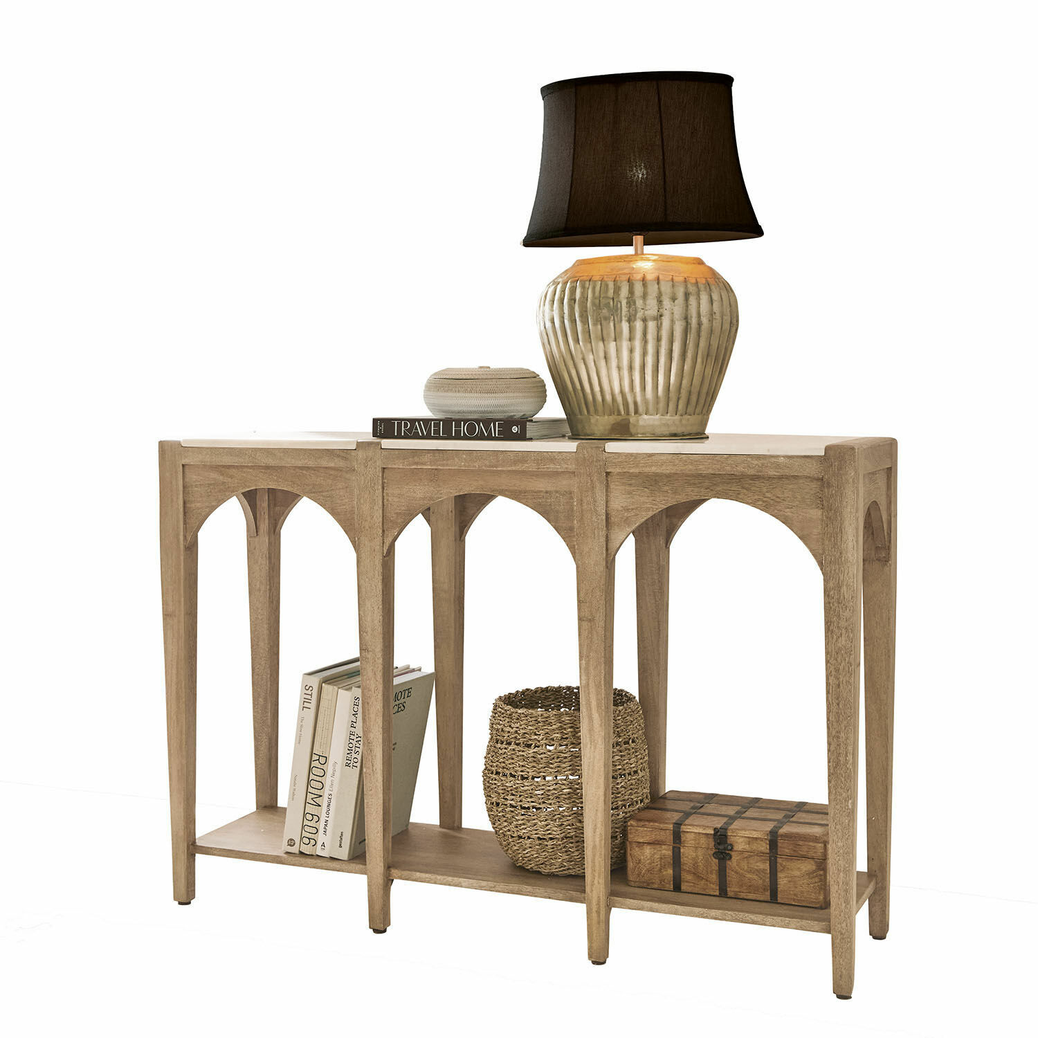 Sidetable Annabelle Mango houten console in natuurlijke kleur met lamp en decoraties, stijlvolle woonkamermeubel