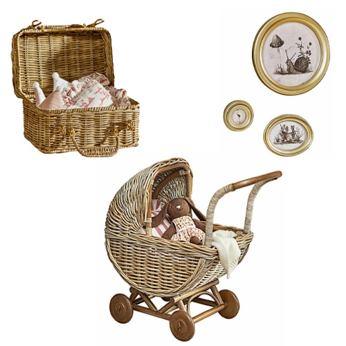 Set natuurlijke rieten accessoires met poppenwagen en koffer voor kinderkamerdecoratie