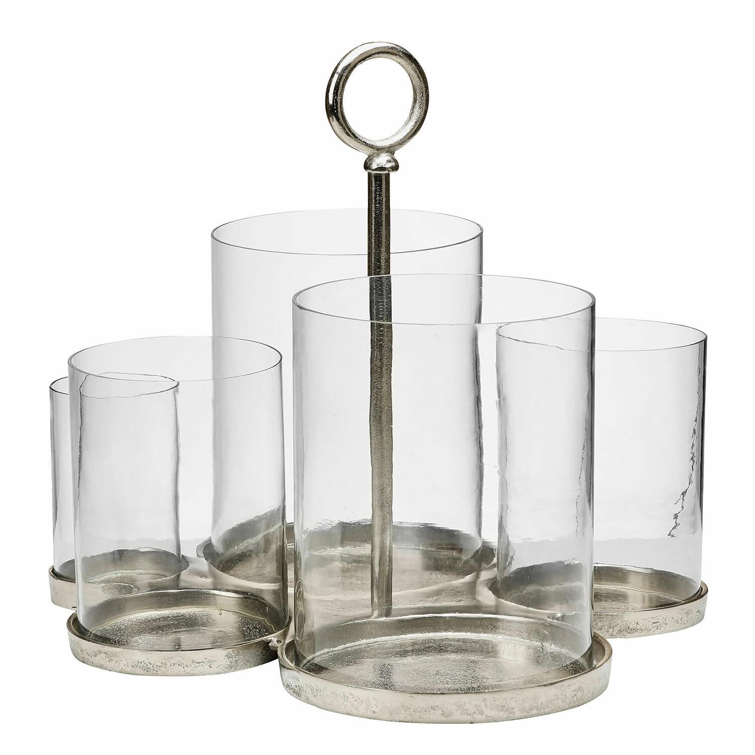 Transparante glazen windlicht Gjaloran met zilverkleurige metalen voet en handvat, interieurdecoratie