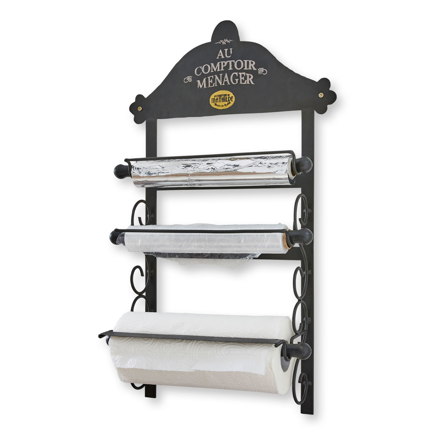 Foliehouder Isigny Zwarte metalen wandhouder voor aluminiumfolie, vershoudfolie en keukenpapier in de keuken