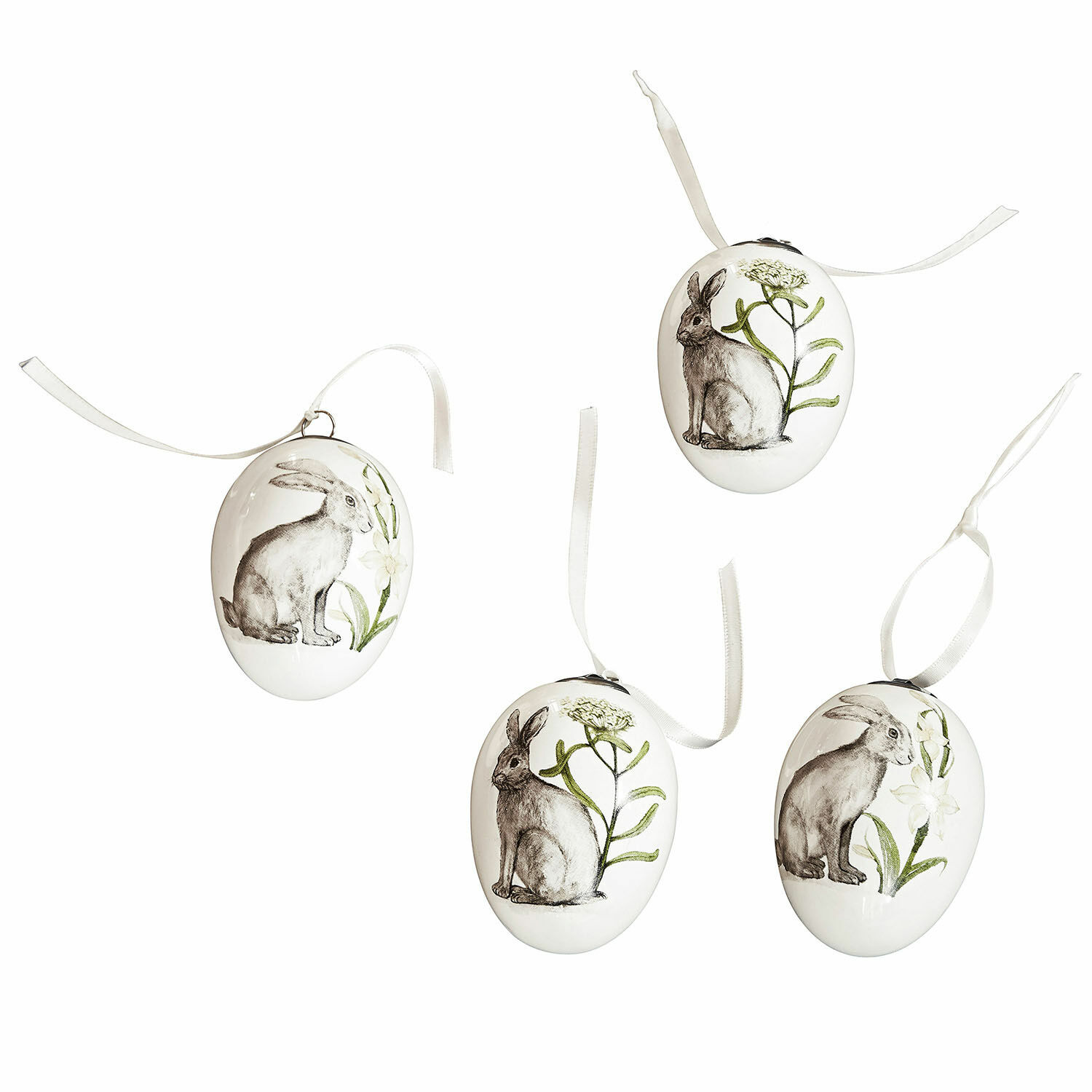 Paasei set van 4 Finna Set van vier witte keramische eieren met konijn- en plantenmotieven, paasdecoraties