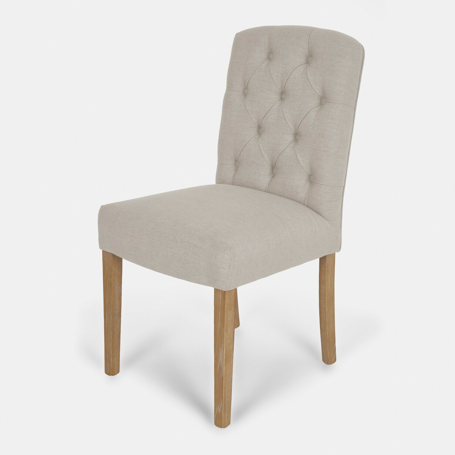 Stoel Fulden Beige gestoffeerde stoel met doorgestikte rugleuning en houten poten voor eetkamer