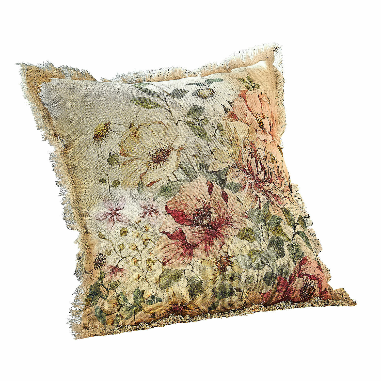 Kussenhoes Théranelle Decoratief kussen met pastelkleurig bloemenpatroon en franjes aan de randen