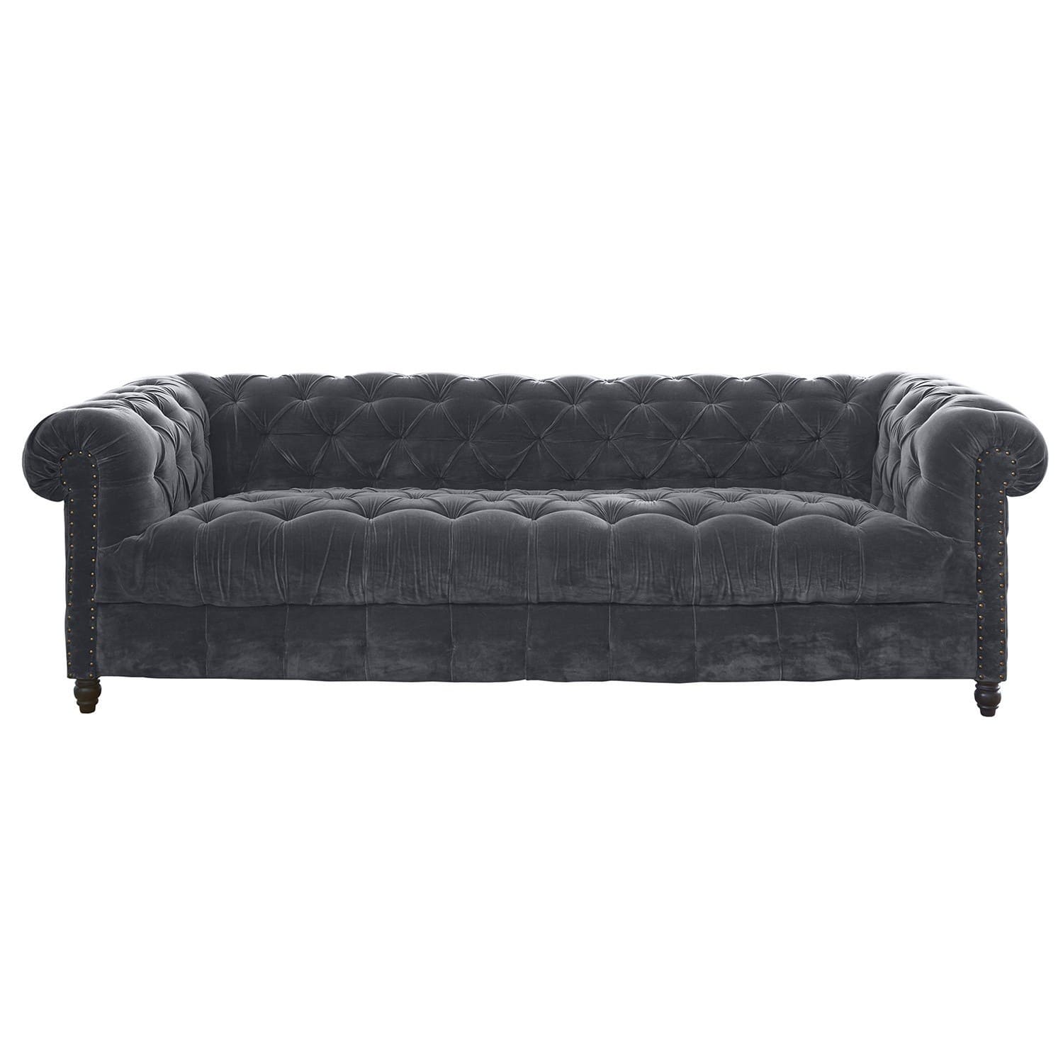 Bank Parpeville Grijze Chesterfield fluwelen bank met gestikte rugleuning en houten poten, elegante woonkamermeubel