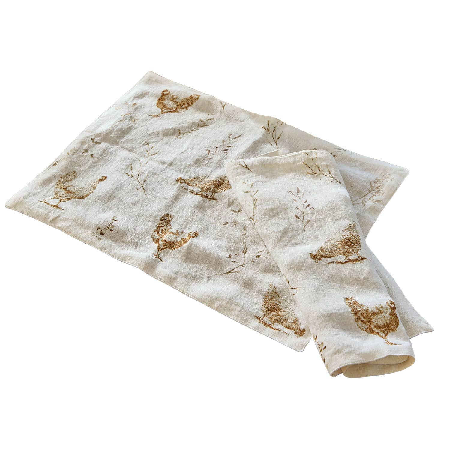 Placemat set van 2 Chavéreau Linnen tafelloper in ecru met bruine kippenmotieven, rustieke tafeldecoratie