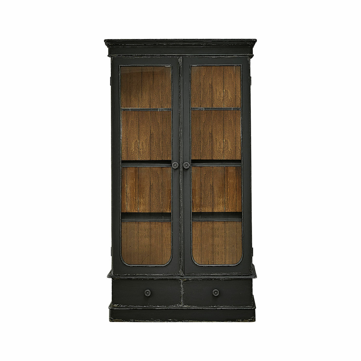 antiekzwart Zwarte houten kast Cassanet met glazen deuren en lades, vintage stijl voor woonkamer