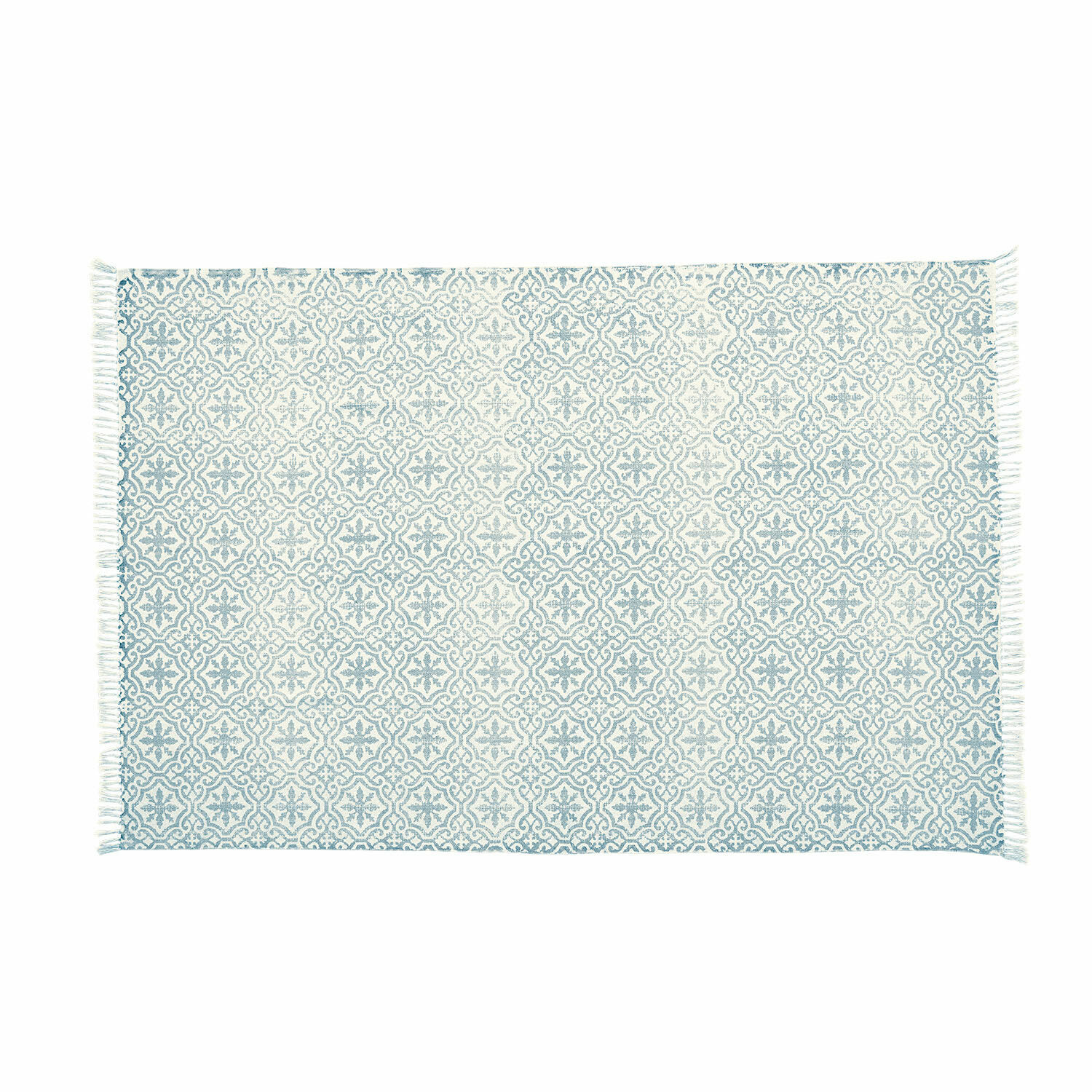 Blauwe katoenen Parochie vloerkleed met decoratief patroon en franjes, geschikt voor woonkamer