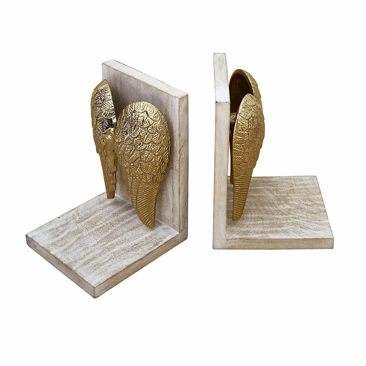 Boekensteun set van 2 Lunelles Set houten boekensteunen met gouden vleugels, decoratief woonaccessoire