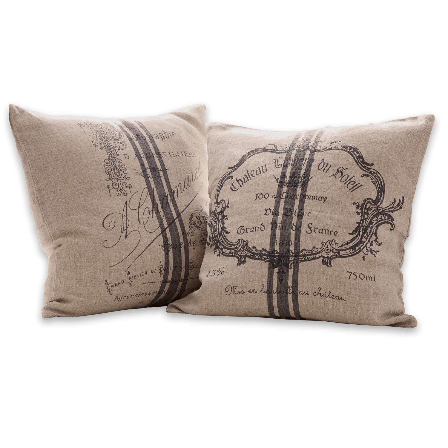 Kussenhoes set van 2 Jourdain Beige linnen sierkussens met zwarte vintage print en strepen, rustieke stijl