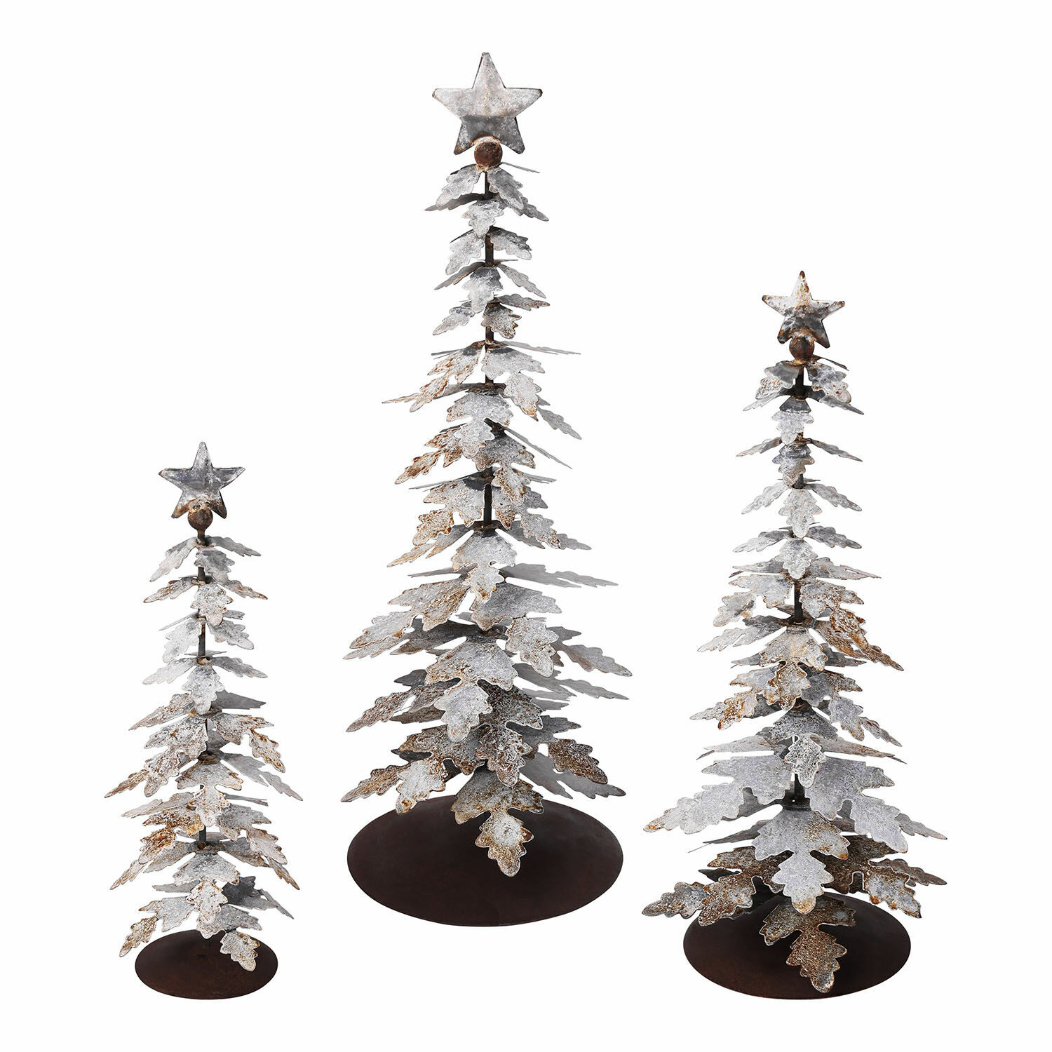 Sierboom set van 3 Laruns Set van drie metalen decoratieve kerstbomen met sterren, zilverbruine kerstversiering