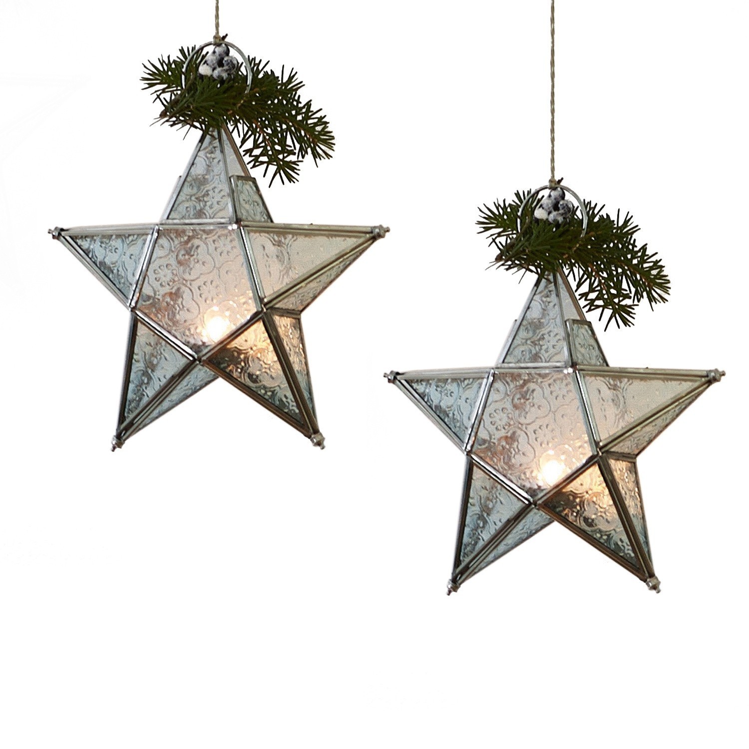 Windlicht set van 2 Kian Hangende glazen sterren met metalen frame en groene takken, LED kerstdecoratie