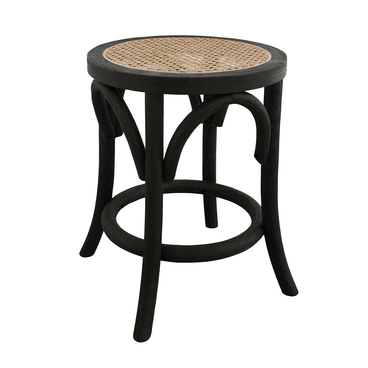 Zwarte Kary kruk met bruin rotan zitting, houten meubel voor binnen en buiten