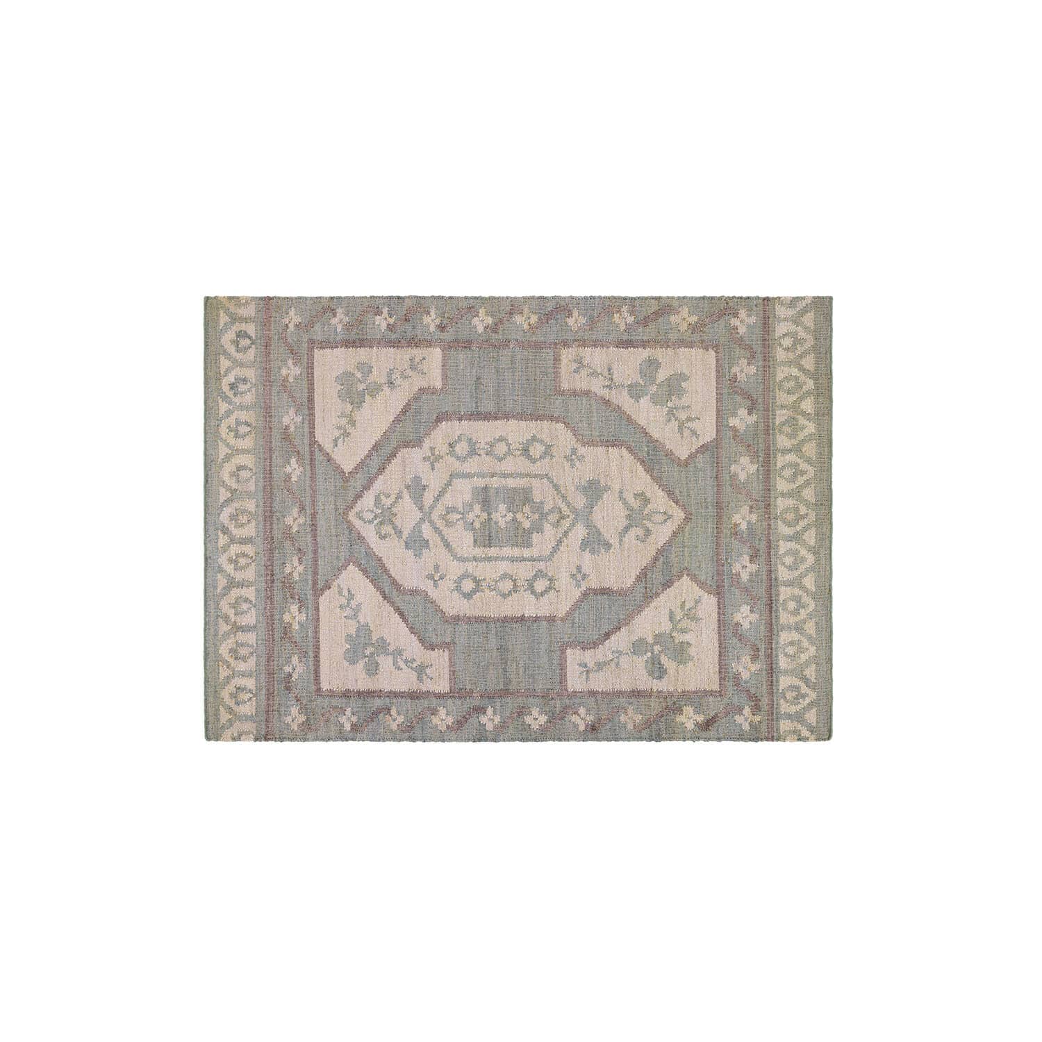 Vloerkleed Raneema Geweven vloerkleed met geometrisch patroon in pastelgroene en beige tinten, interieurdecoratie