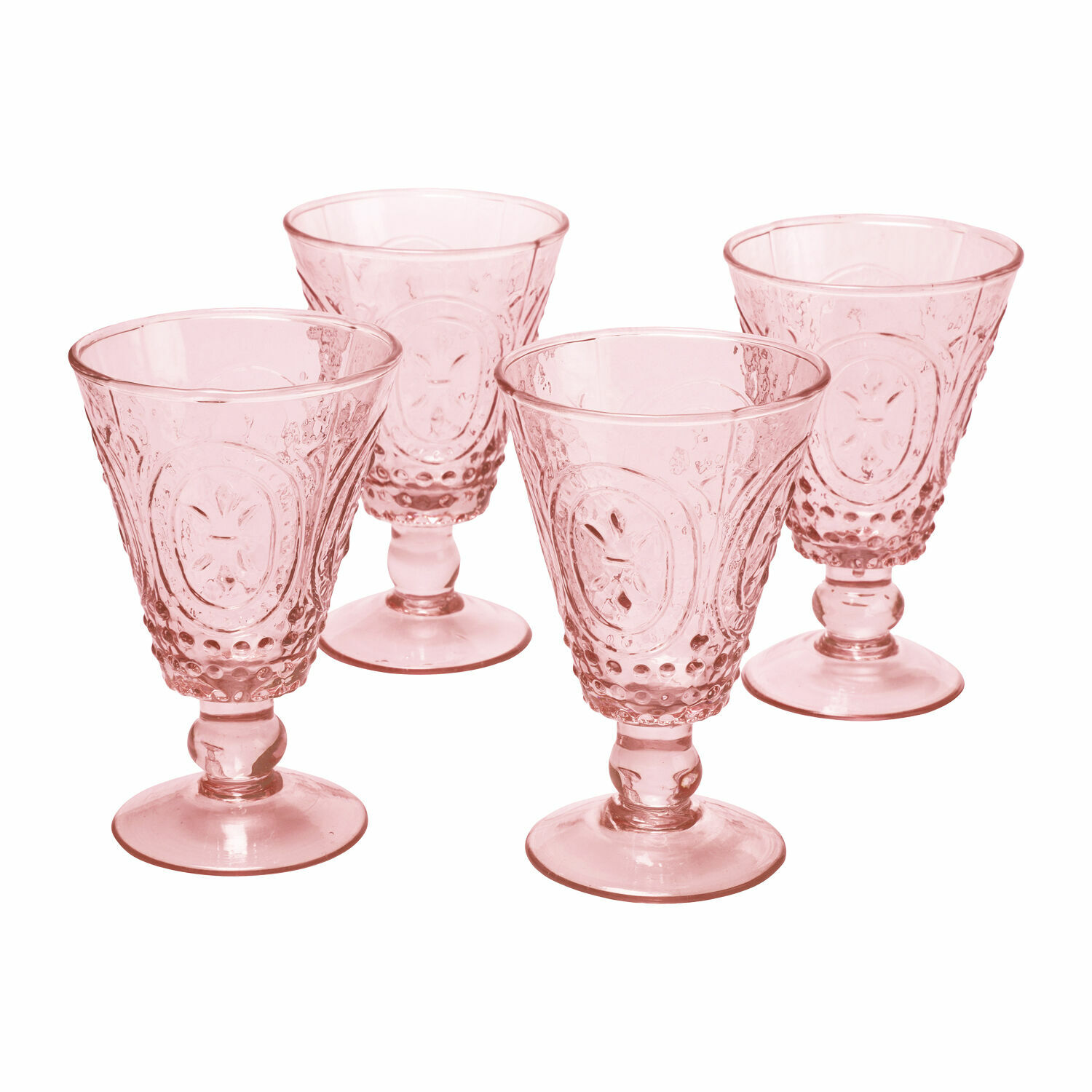 roze Set van 4 roze wijnglazen van decoratief glas met versierd patroon
