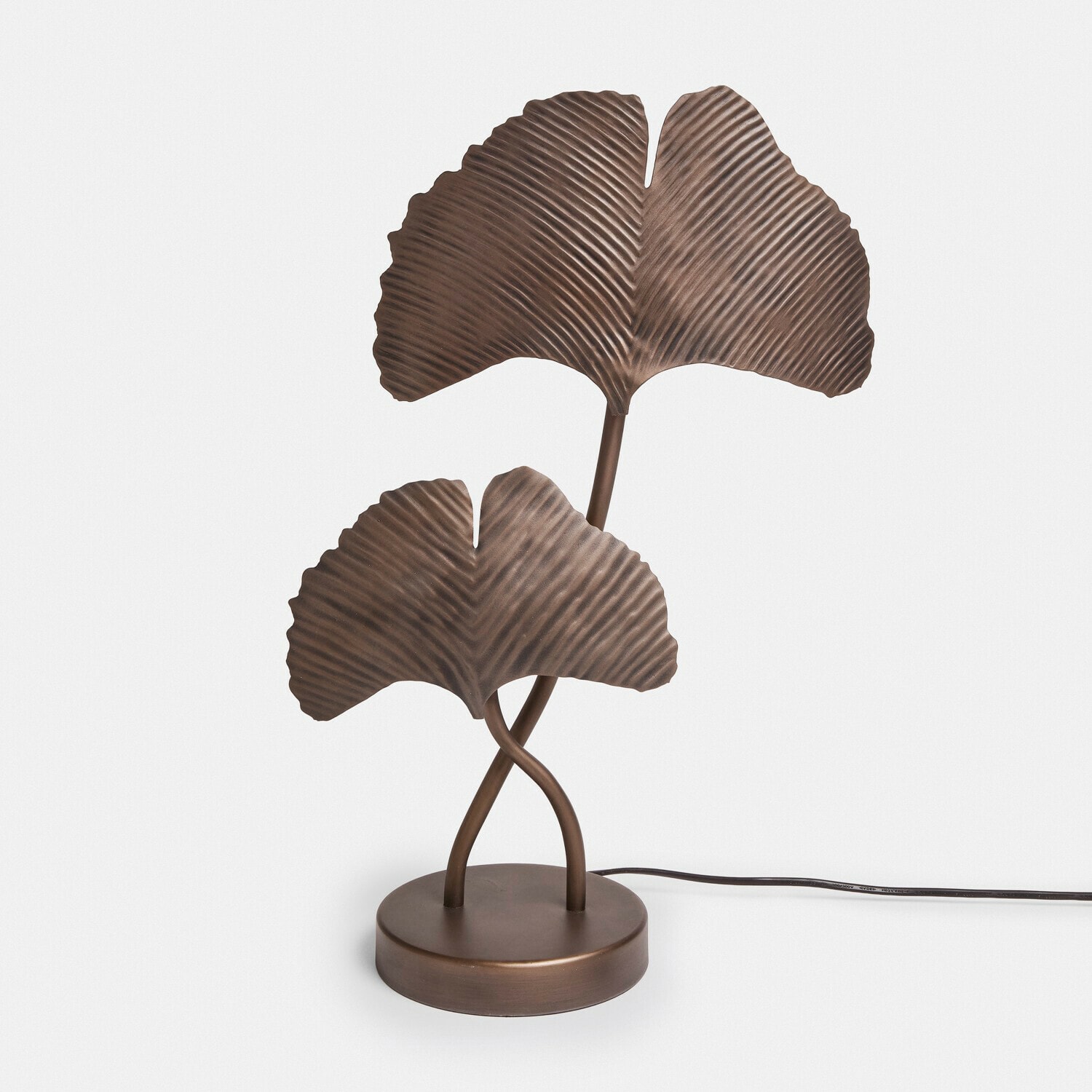 Tafellamp van bruin metaal met twee ginkgo bladeren, decoratieve lamp voor woonkamer