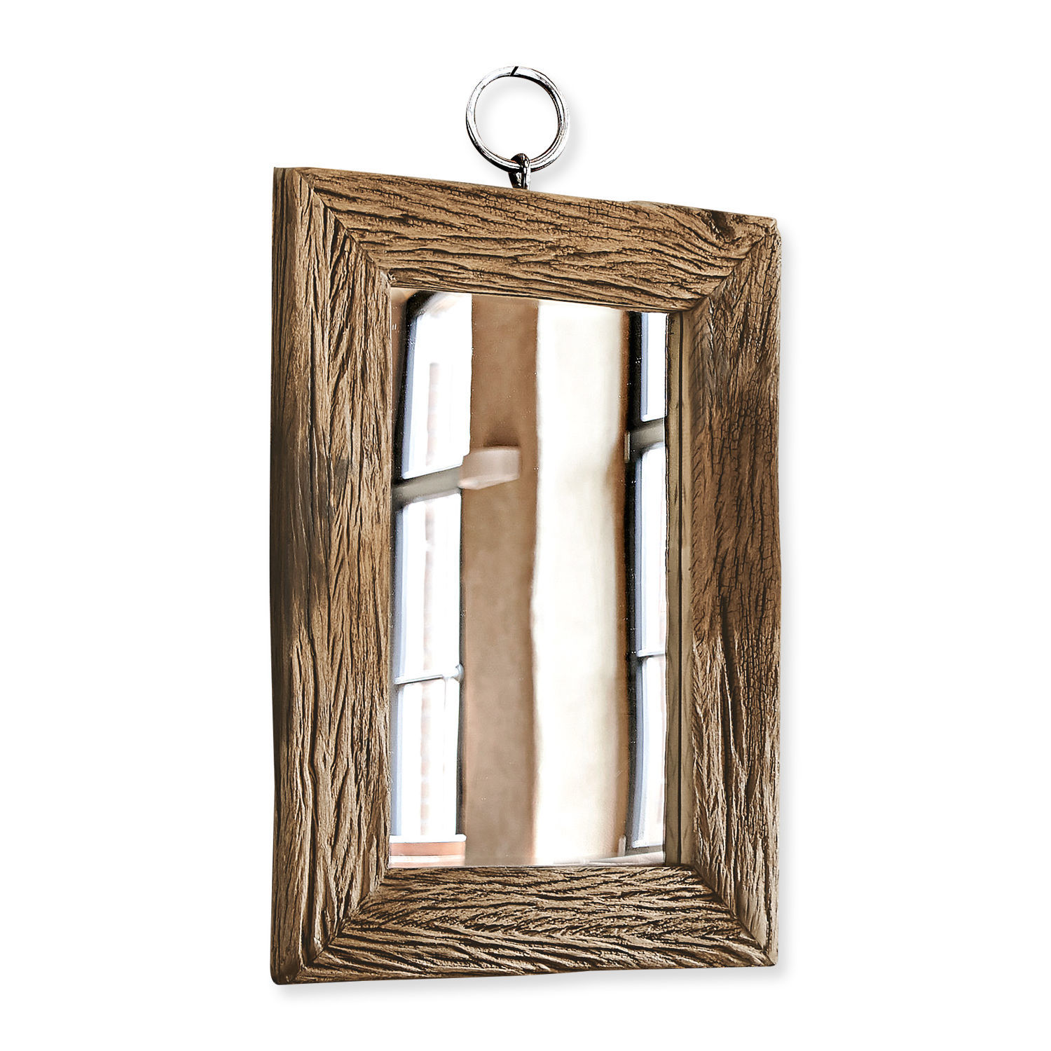Rechthoekige spiegel met natuurlijke houten lijst en metalen ophangring