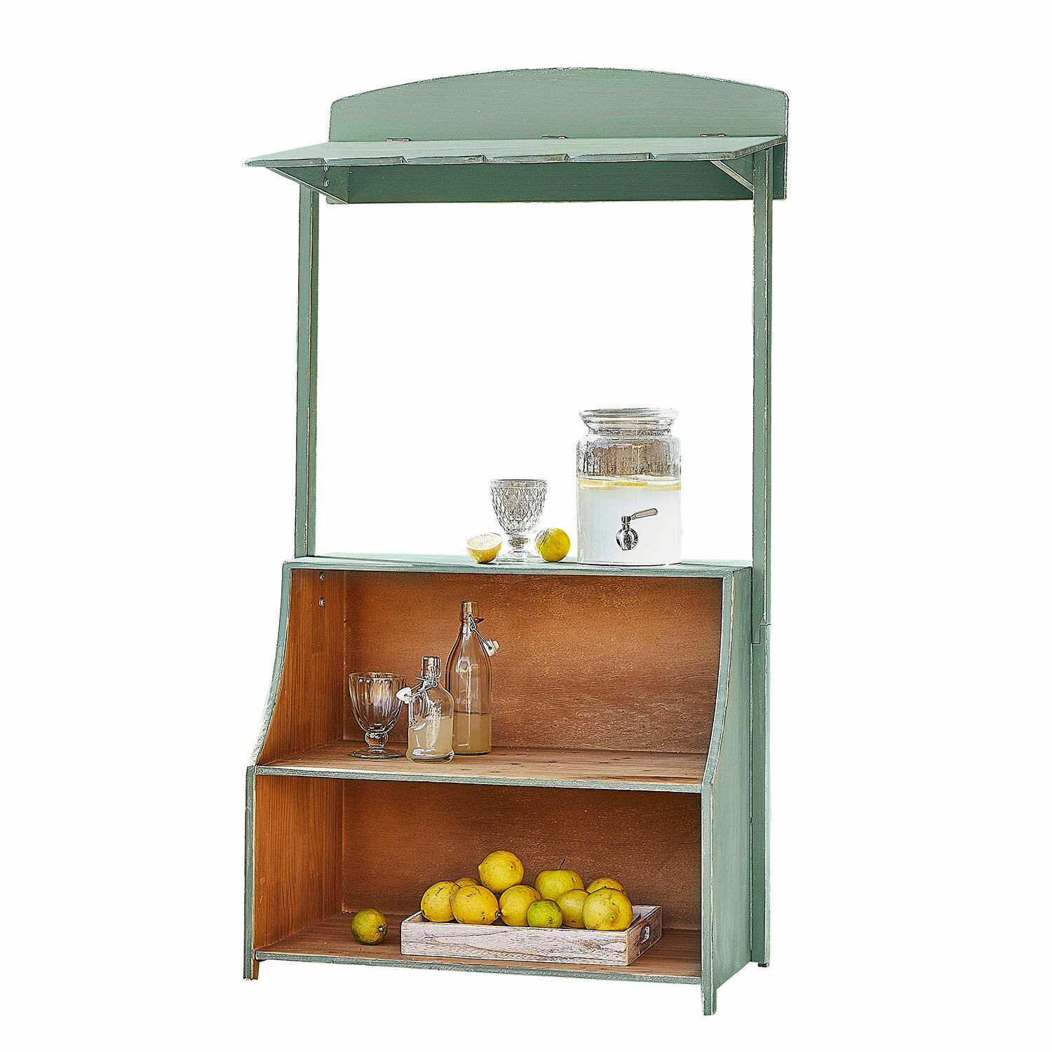 Limonadekraam Éclairon Groene houten plank met dak en planken voor fruit en dranken, geschikt voor keuken of tuin