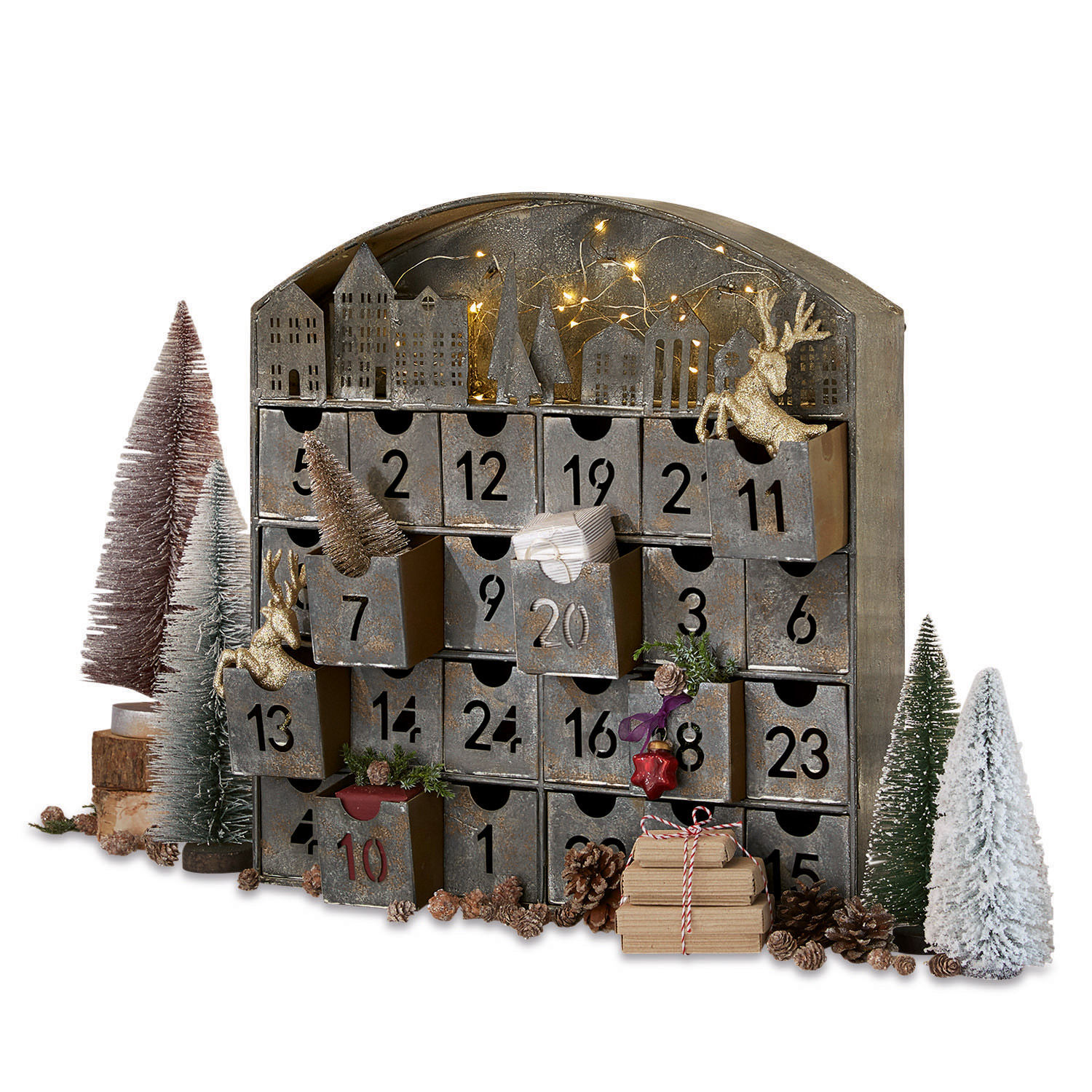 Adventskalender Léran Metalen adventskalender met genummerde laden en vintage kerstdecoraties