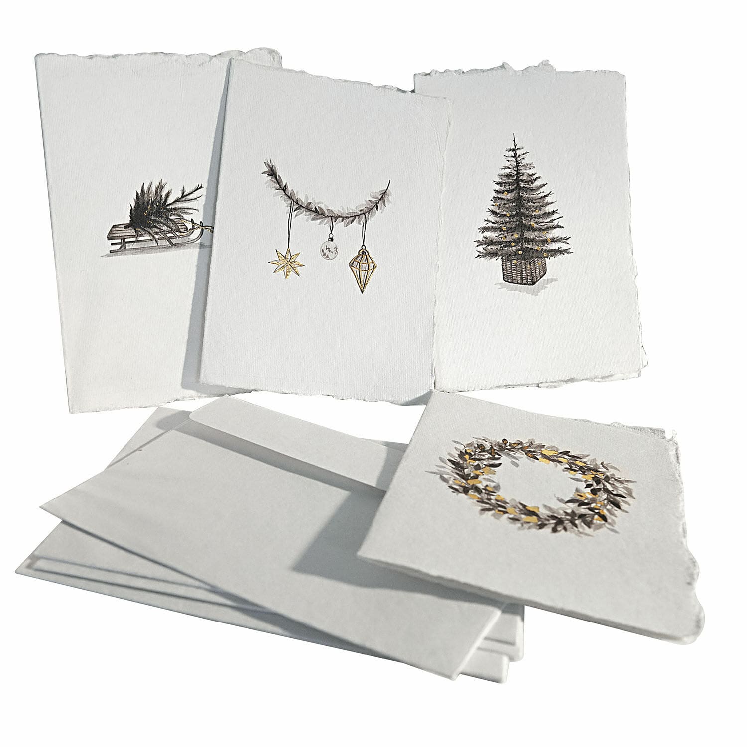Set cadeaukaarten set van 4 Aelindor Set kerstkaarten met motieven van kerstboom, krans en versieringen op wit papier met rafelige randen