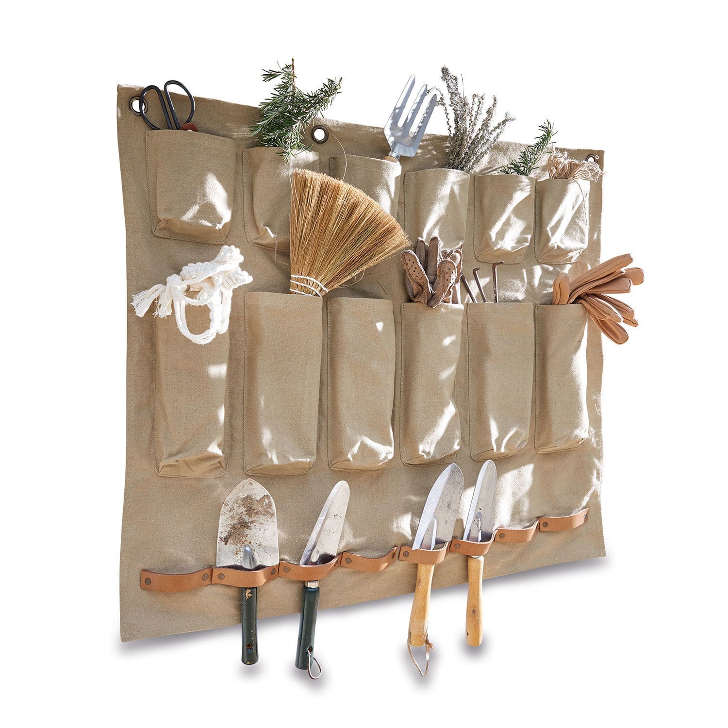 Organizer Garda Beige stoffen organizer met zakken en leren houders voor tuingereedschap