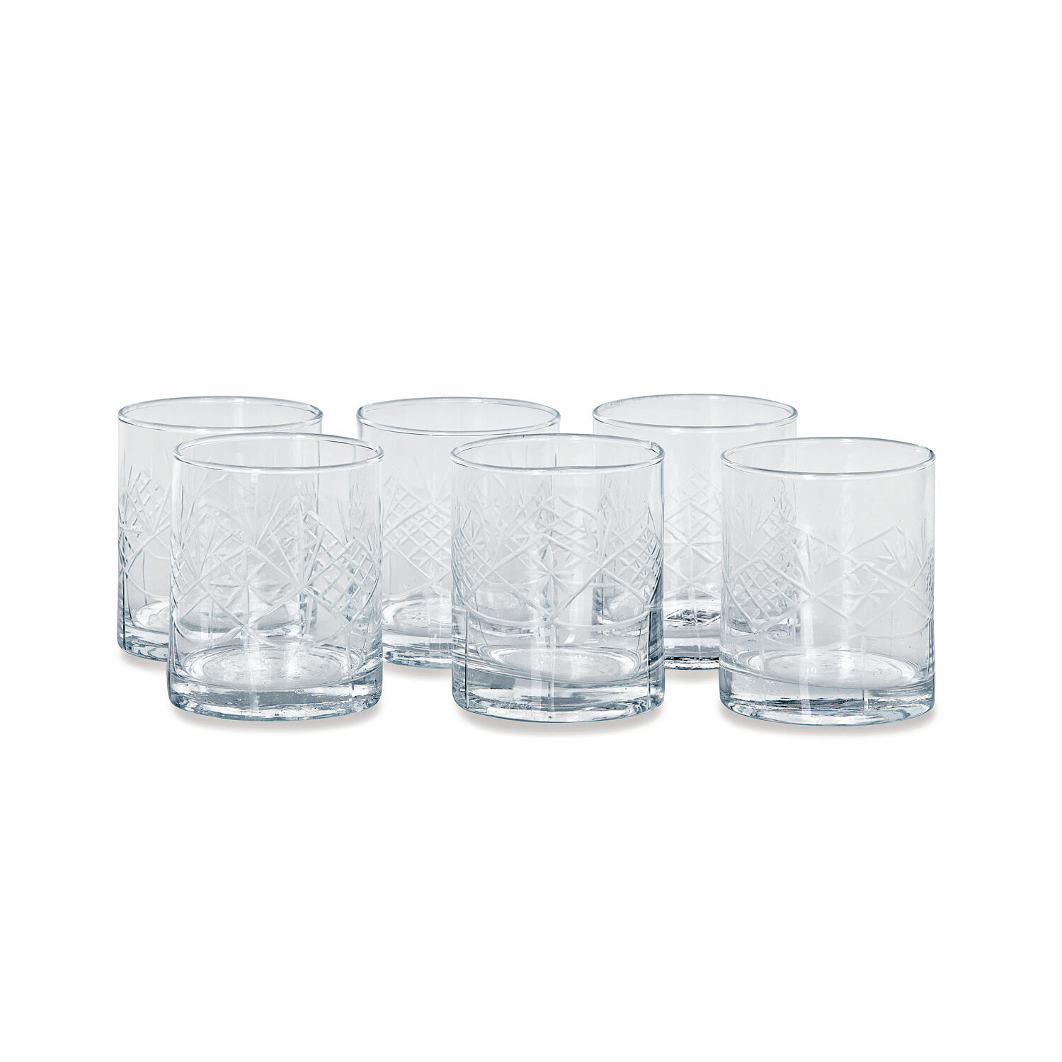 Set van zes transparante glazen met gegraveerd patroon, drinkglazen van glas, elegant design