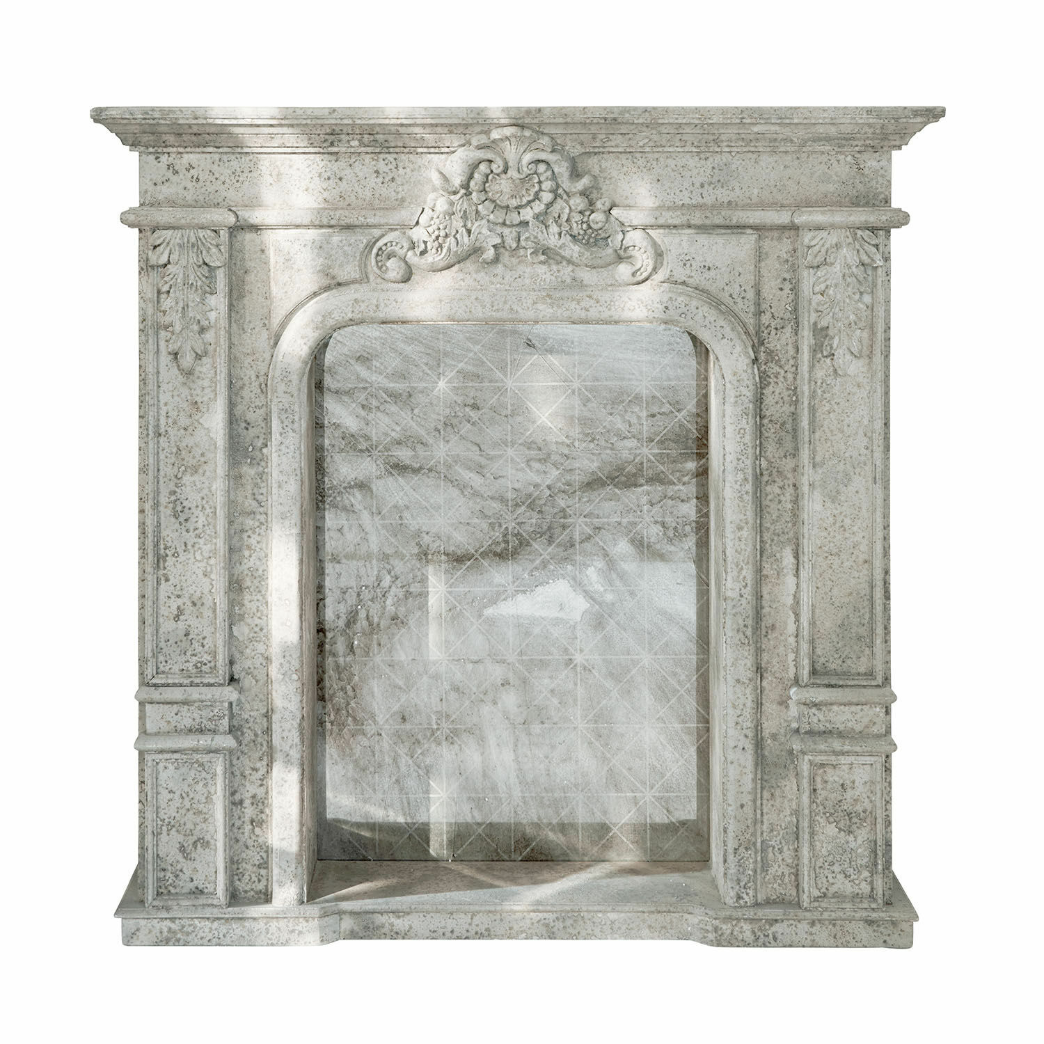 Grijze schoorsteenconsole van steen met decoratief reliëf, klassiek woonaccessoire