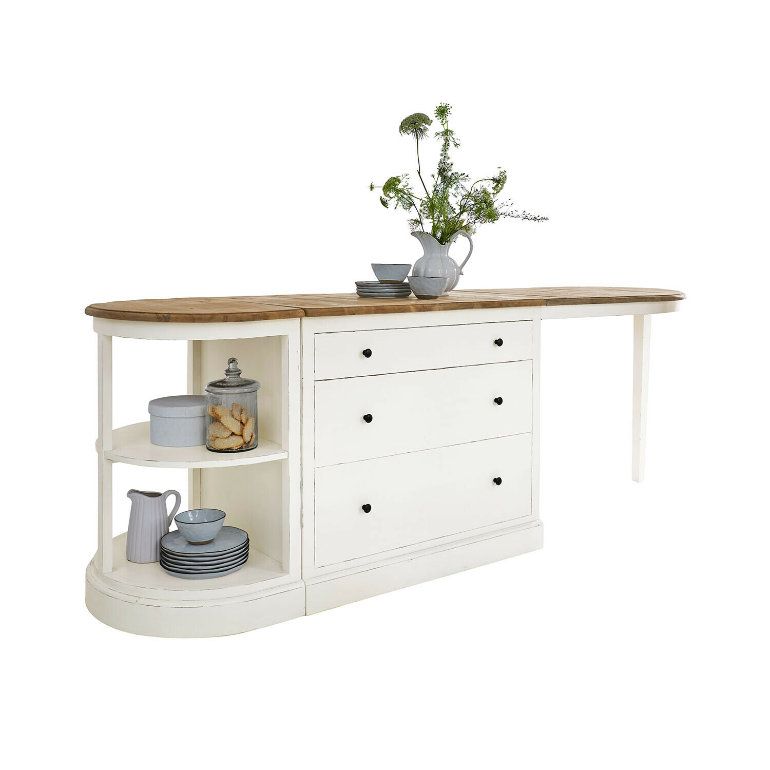 Witte houten tafel met lades en planken, blad van natuurlijk hout, bloemendecoratie