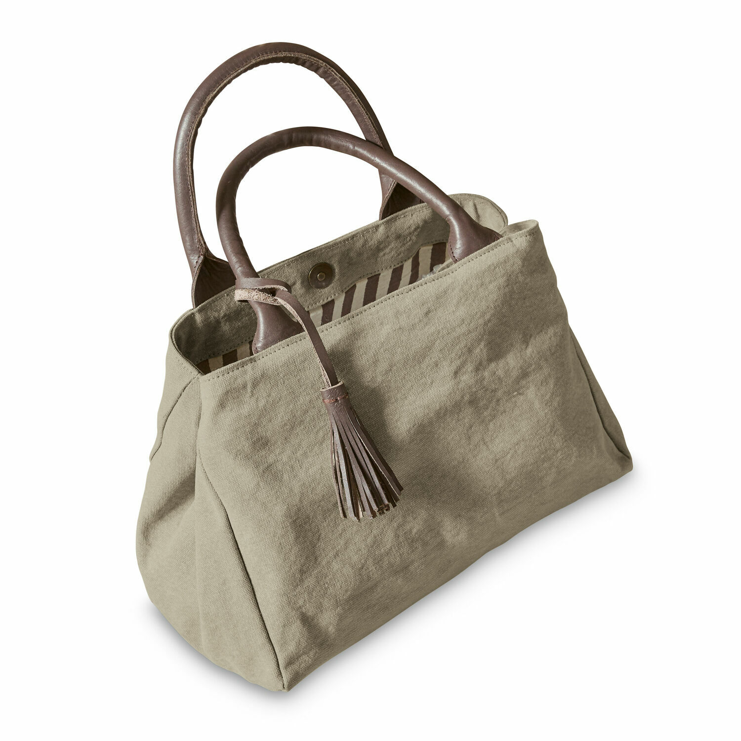 Tas Hoya Beige stoffen tas met bruine leren handvatten en kwastje, modieuze dagelijkse accessoire