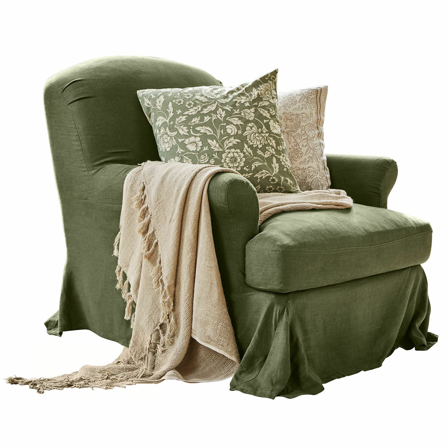 Leunstoel Vionnique Groene linnen fauteuil met hoes, twee sierkussens en een beige deken met franjes