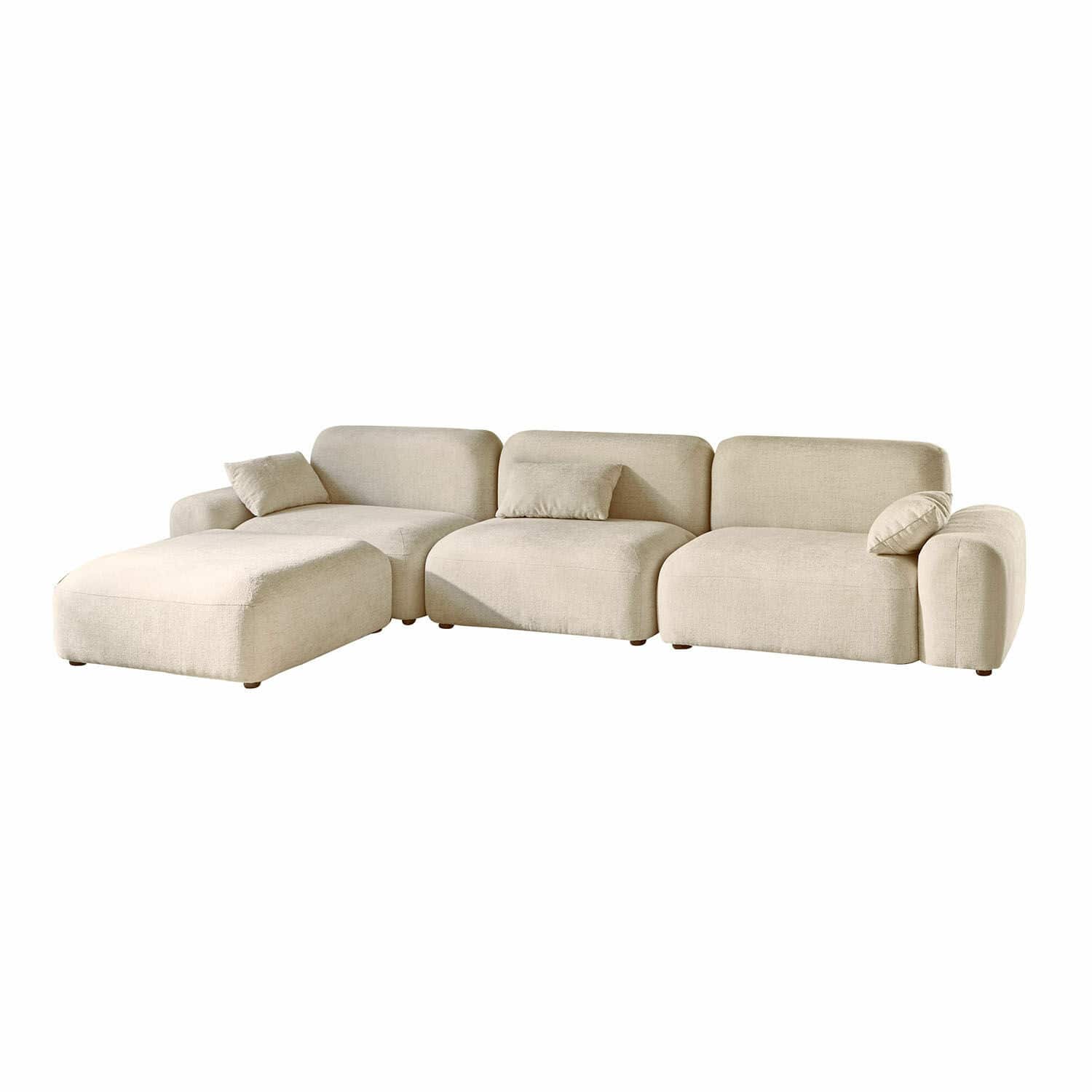 Bank Marnivelle Beige stoffen hoekbank met kussens, moderne modulaire bank voor woonkamer