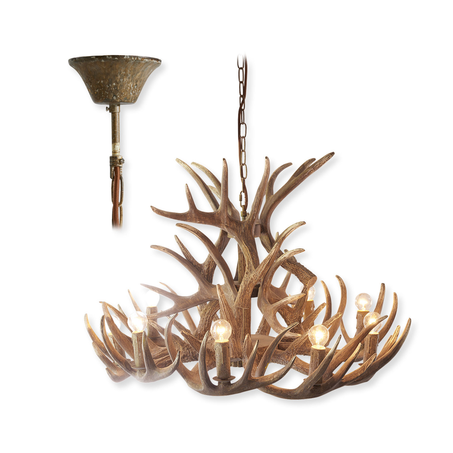 Kroonluchter Ardin Kroonluchter met hertengewei-look in bruin, rustieke decoratieve verlichting voor woonkamer