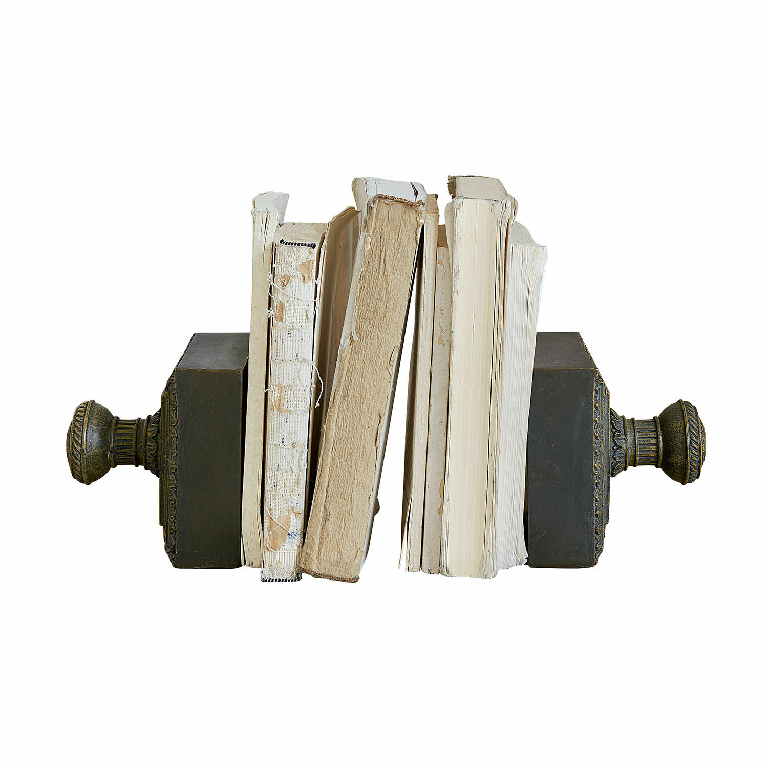 Boekensteun set van 2 Zandrelle Oude boeken met beige kaften ondersteund door decoratieve metalen boekensteunen