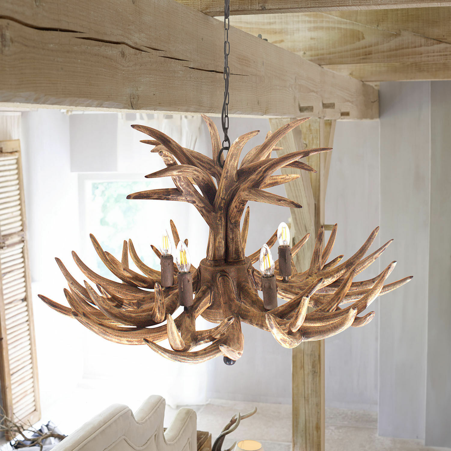 Kroonluchter Ardin Rustieke houten kroonluchter in geweivorm, bruin, decoratieve verlichting voor woonkamer