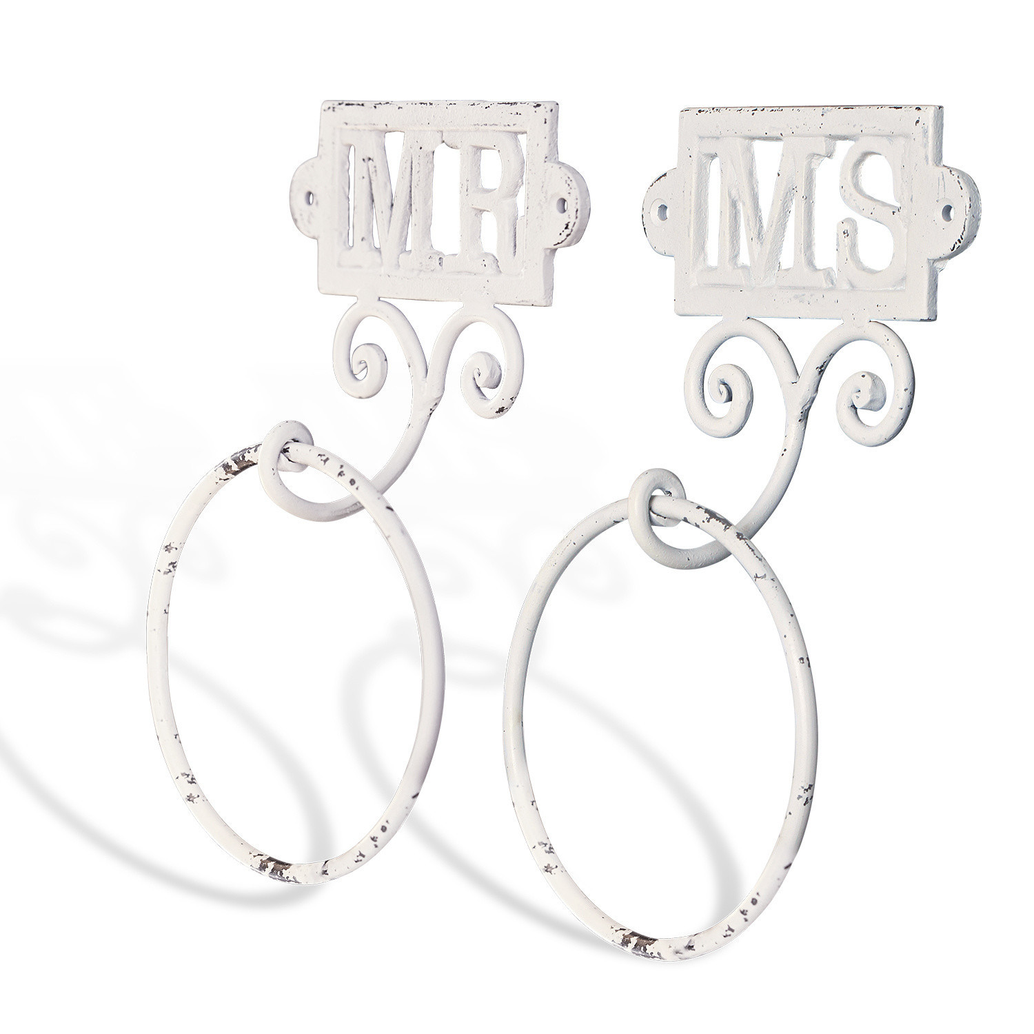 Witte metalen handdoekhouders met MR- en MS-tekst in vintage stijl voor badkamer