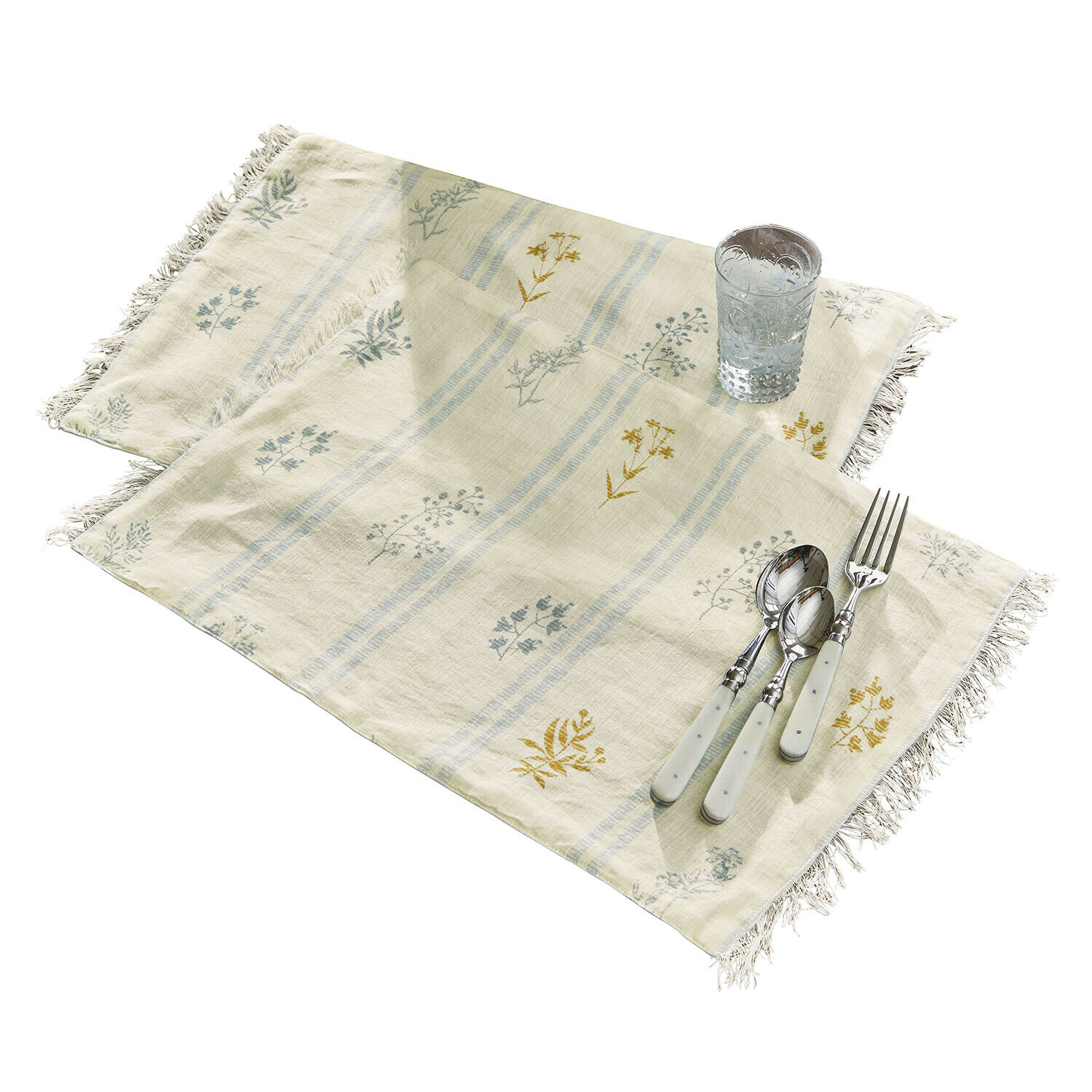 Placemat set van 2 Hazelwick Beige linnen servetten met bloemenpatroon en franjes, tafeldecoratie met bestek en glas