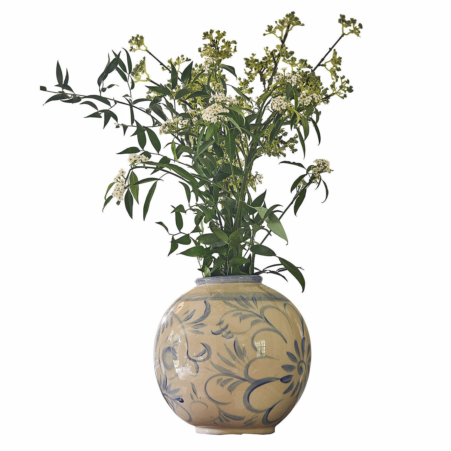Vaas Oviren Ronde keramische vaas beige met blauw bloemmotief en groene decoratieve takken
