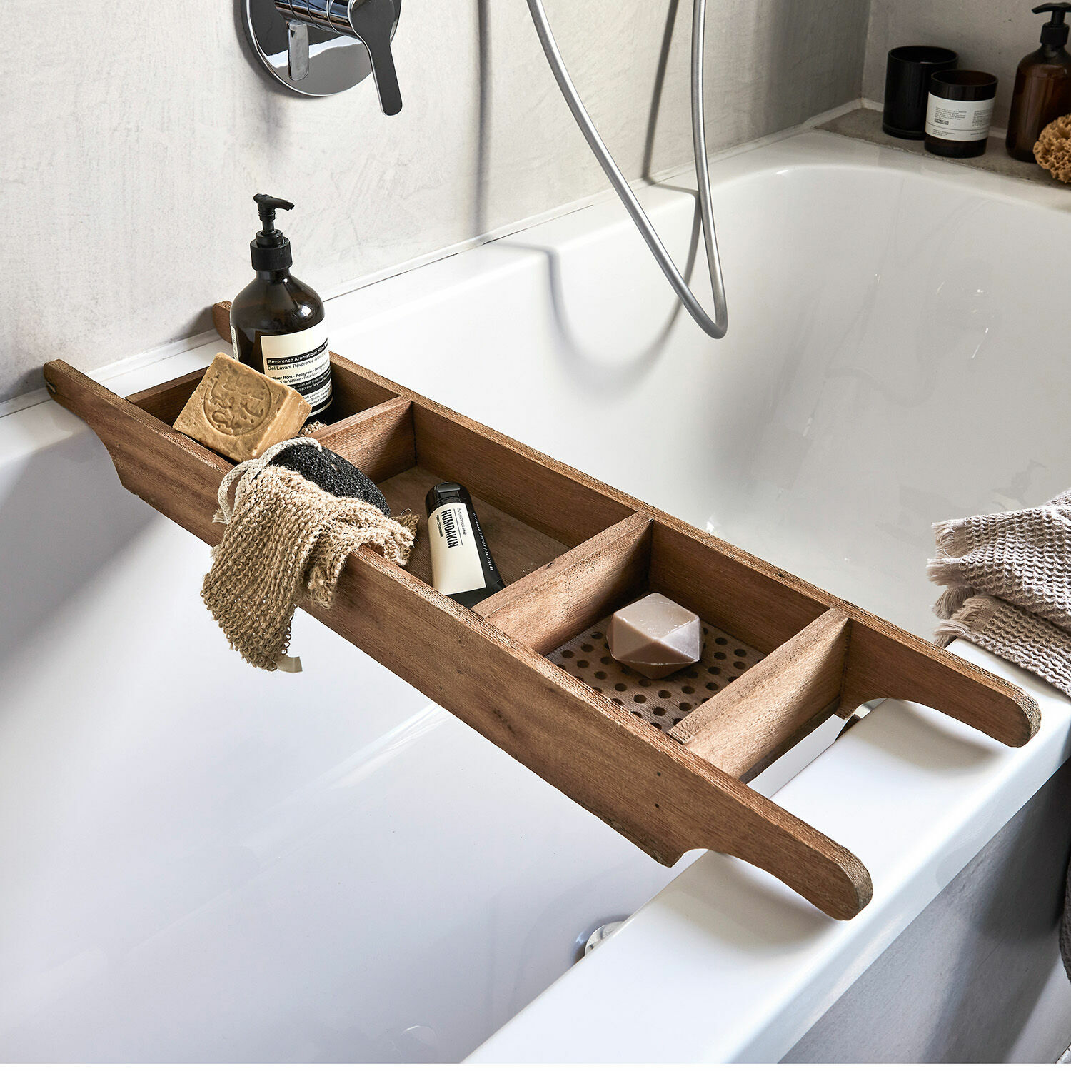 Badaccessoire Einid Houten badplank met vakken voor zeep en badaccessoires in natuurlijke kleur