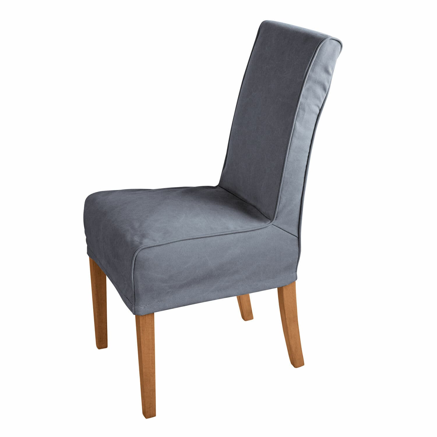 Elegante stoel met grijze stof en houten poten, geschikt voor eetkamer